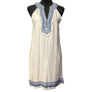 Mud Pie Sleeveless White & Blue Embroidered Shift Dress With Fringe Hem XS
